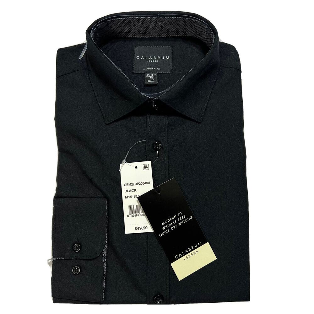 Calabrum Black Dress Shirt Medium 15-15 1/2 Modern Fit Button Up Wrinkle FreeNWT